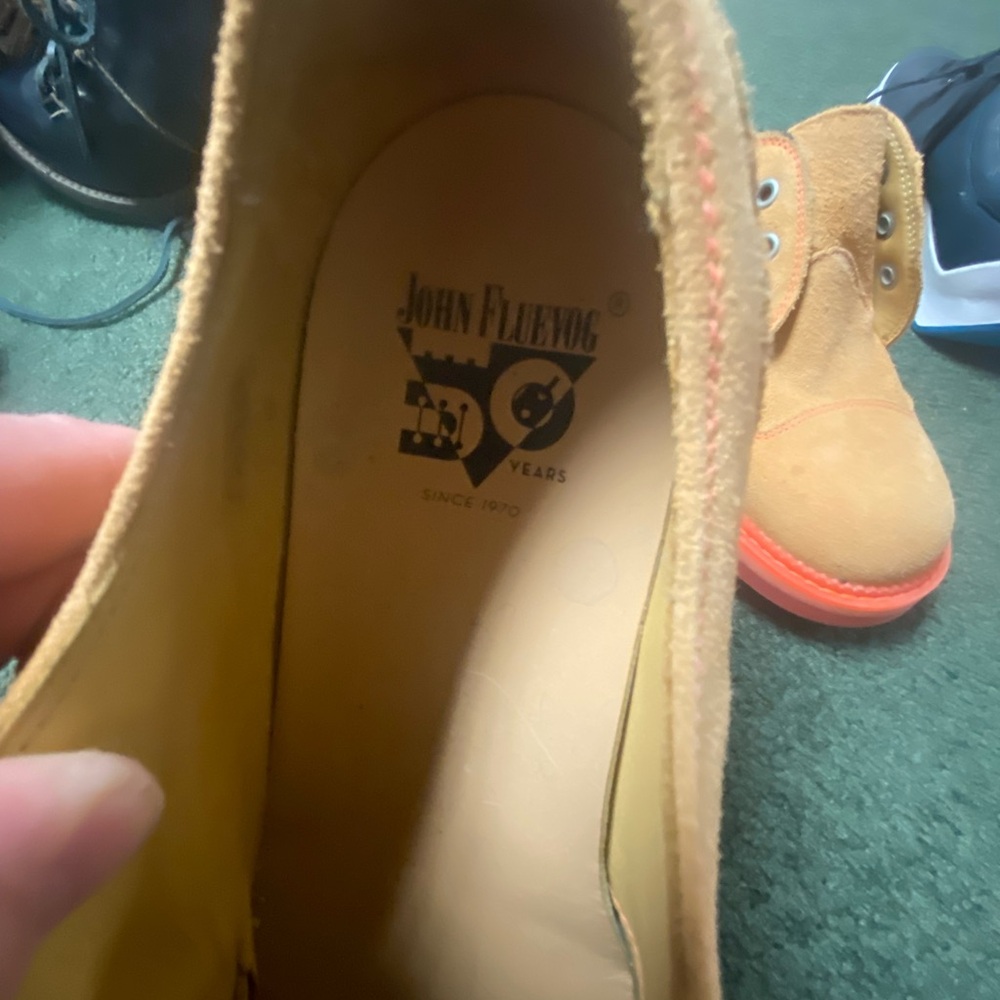 John Fluevog Tan Suede Oxfords with Red Soles - Picture 2 of 3